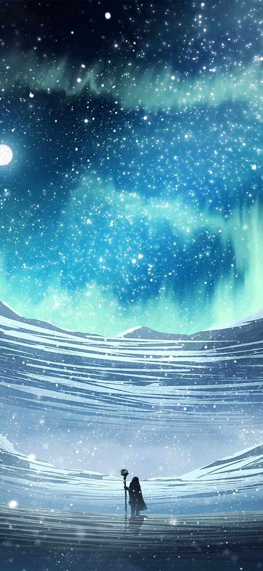 night, calmness, snow, wizard, sky, moon, stars