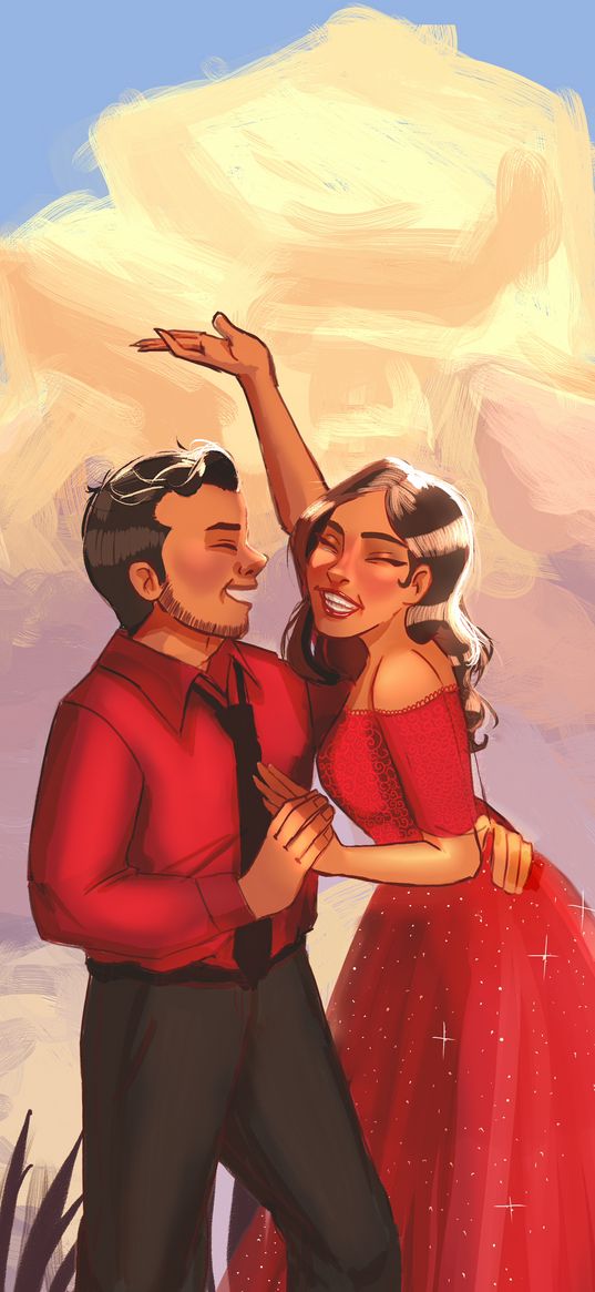 couple, love, smile, hug, red dress, sky, clouds, art