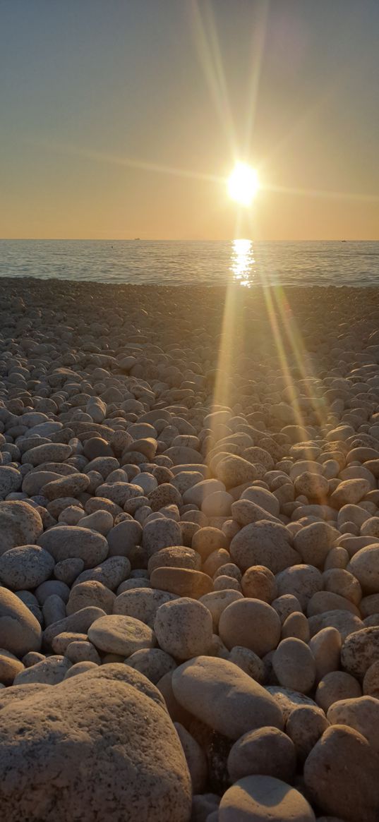 sunset, sea, stones, sunshine, nature, beach