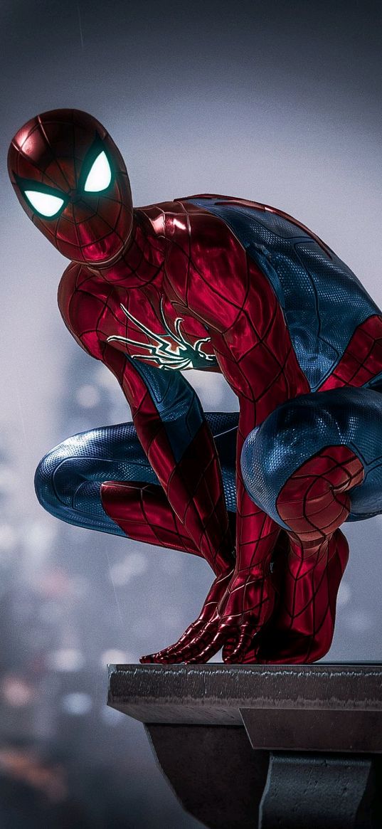 spider-man, iron spider, marvel, comics, movie, red, blue, art, spiderman