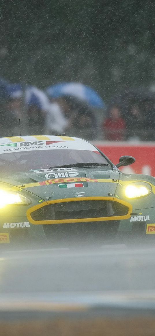 aston martin, dbr9, 2005, green, front view, style, sports, car, racing car, speed, rain