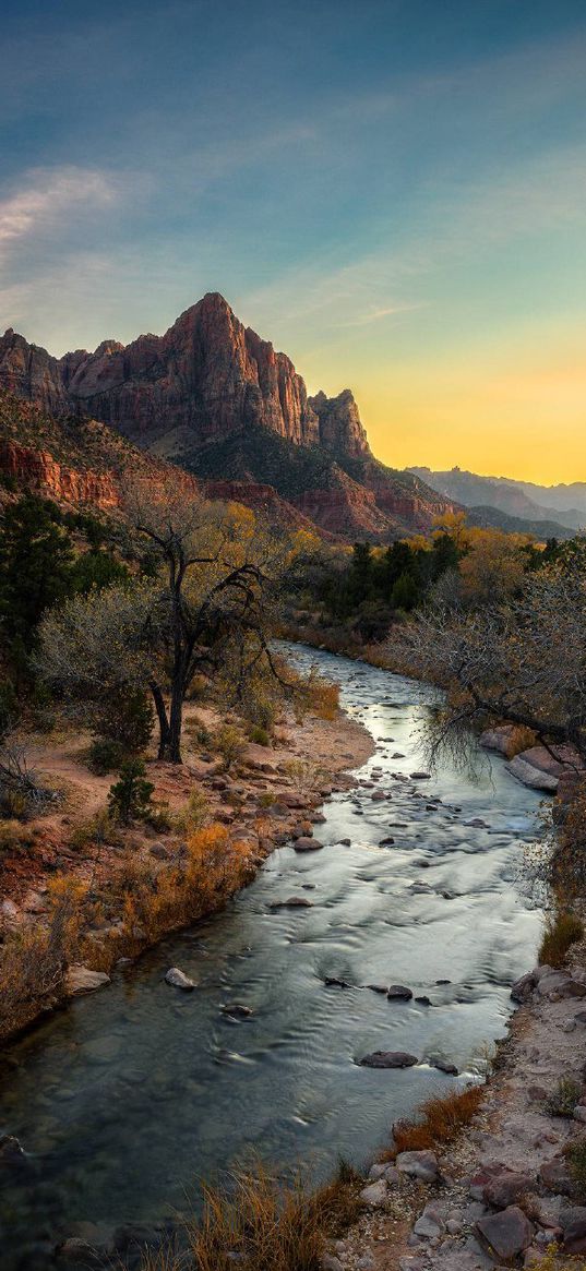 mountain, river, nature, sky