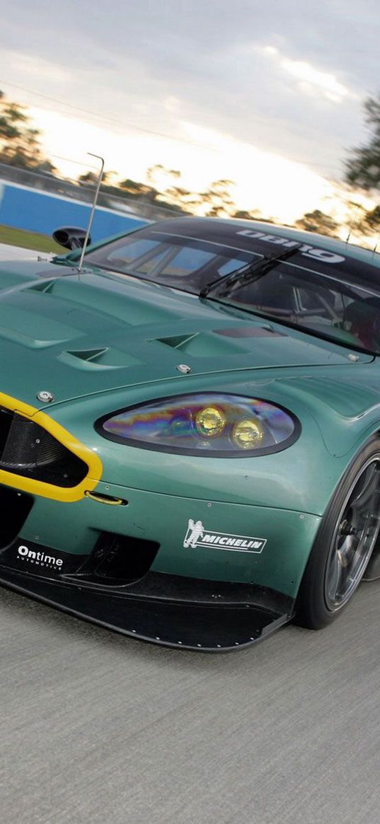 aston martin, dbr9, 2005, green, front view, style, cars, sports, speed, trees