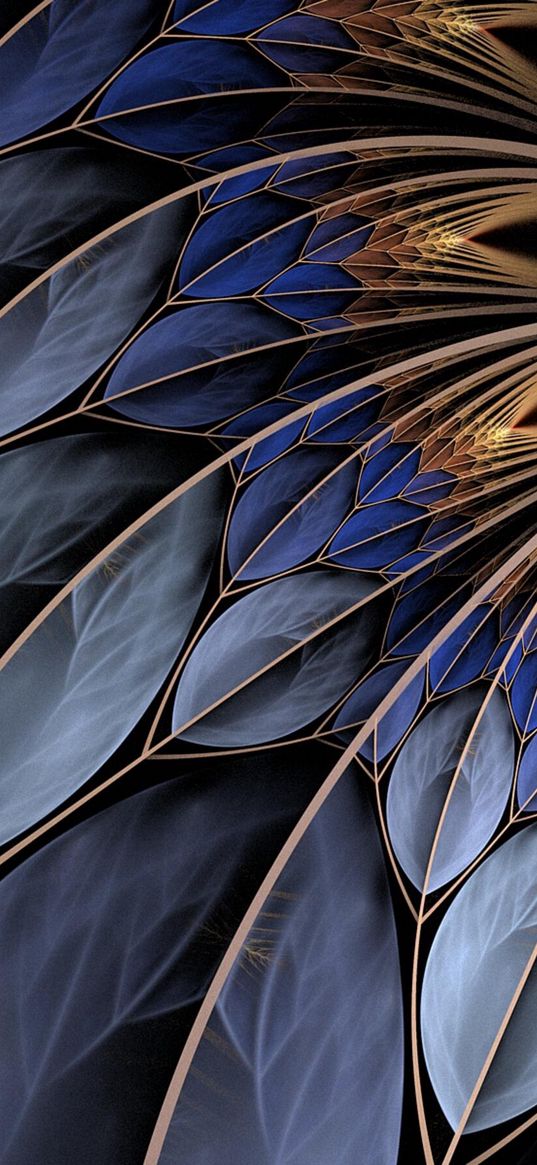 abstraction, leaves, fractal, gold, blue