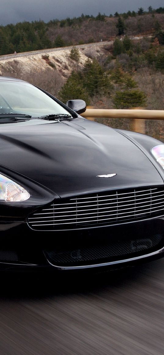 aston martin, db9, 2006, black, front view, style, cars, sports, speed, nature, trees, asphalt