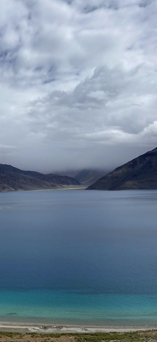 lake, mountains, clouds, nature, ladakh, india, pangong lake