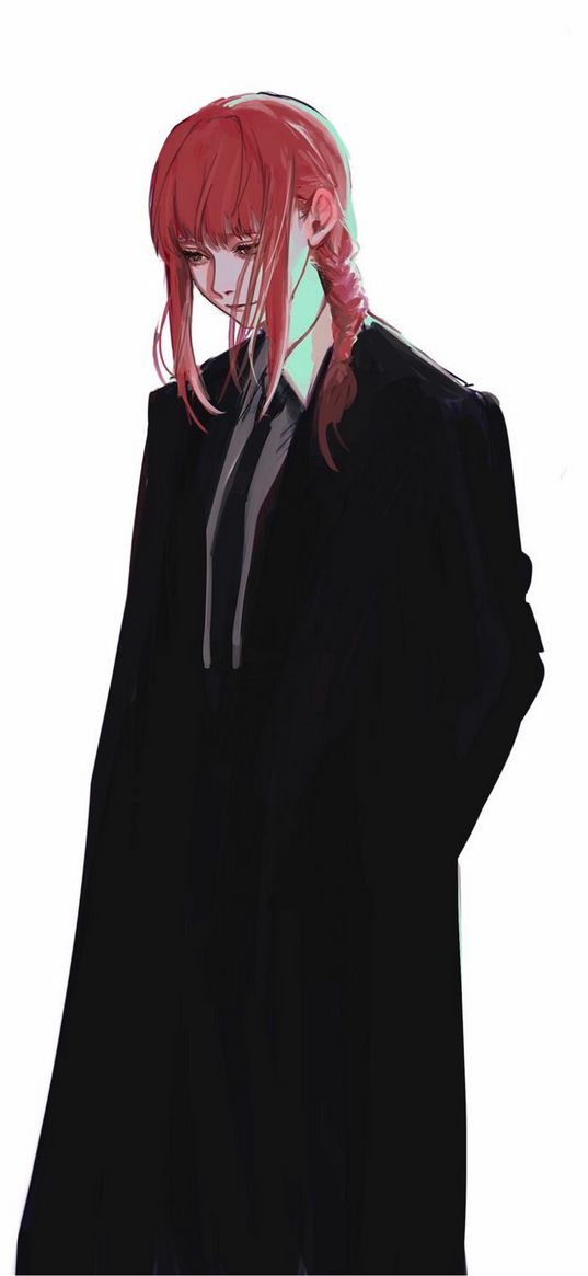 chainsaw man, makima, girl, anime, manga, character, art, red hair, black suit