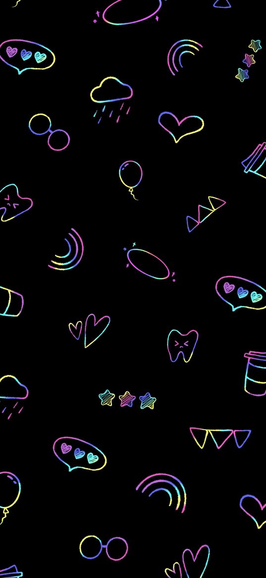 heart, stars, balloon, rainbow, collage, compilation, black background