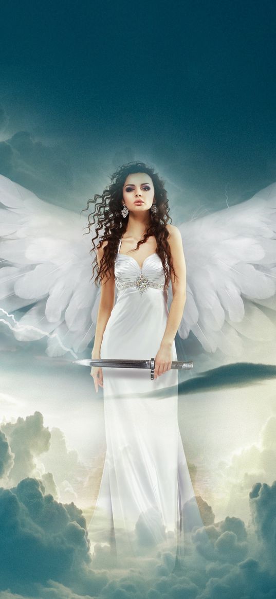 girl, angel, wings, clouds, knife, white