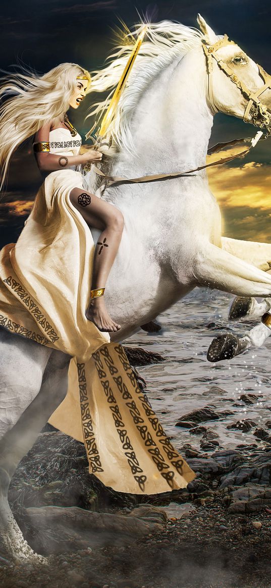 warrior girl, white horse, white dress