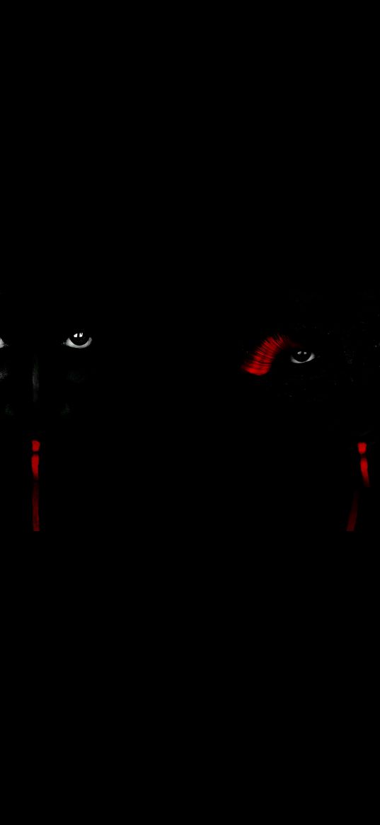 silhouette, faces, red, black background