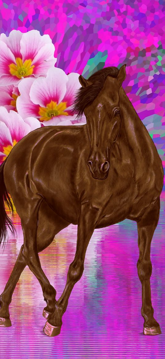 horse, flowers, brown, pink background, art