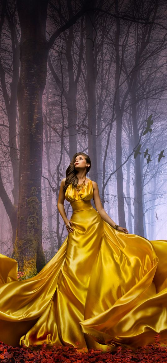 girl, forest, fog, yellow dress