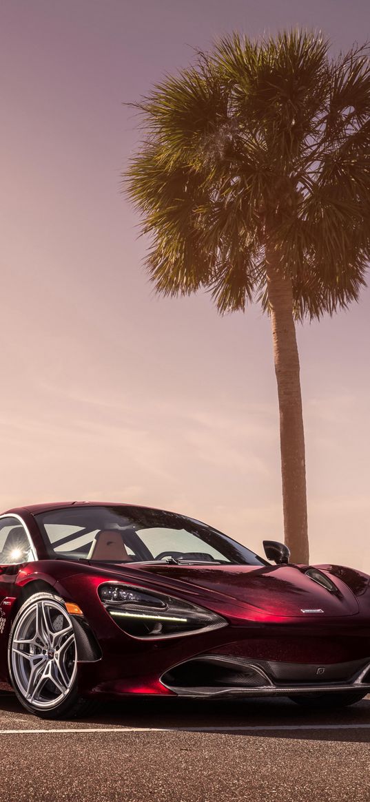 maclaren 720s, maclaren, car, red, palm tree