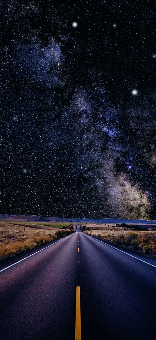 road, night, space, stars, starry night