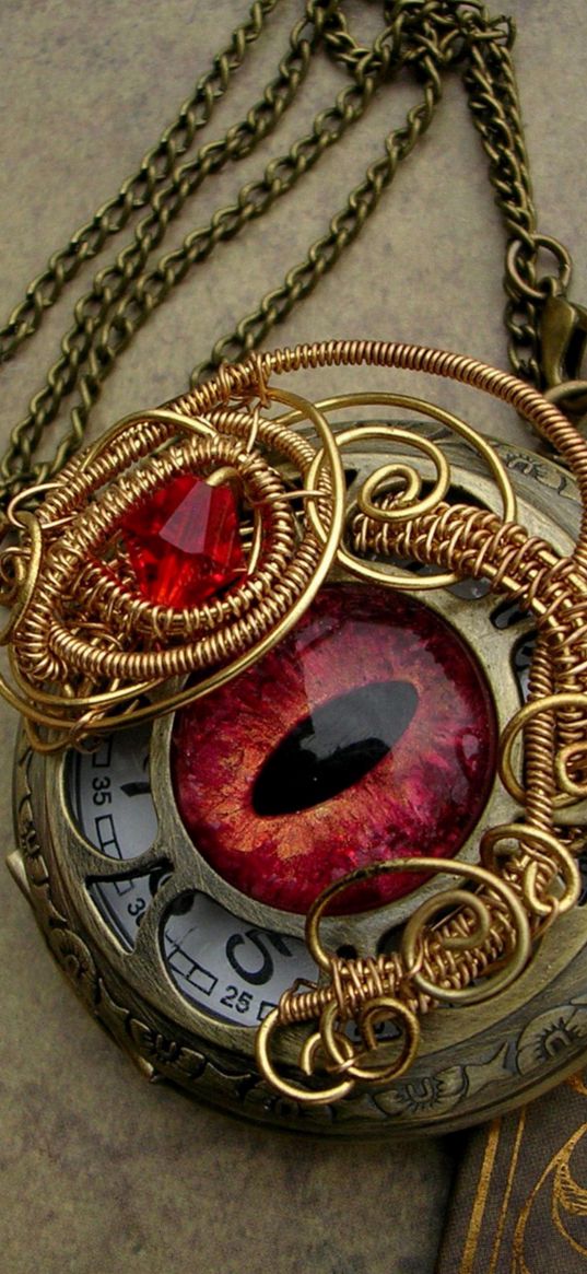 vintage, medallion, gold, eye, red stone