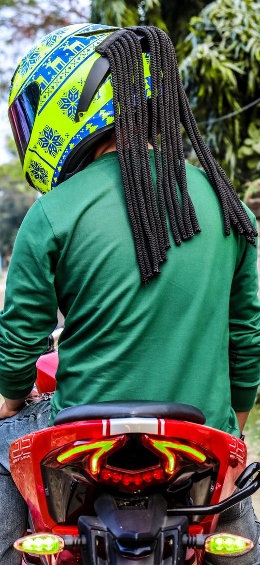 bike, dreadlocks, lights, helmet, biker