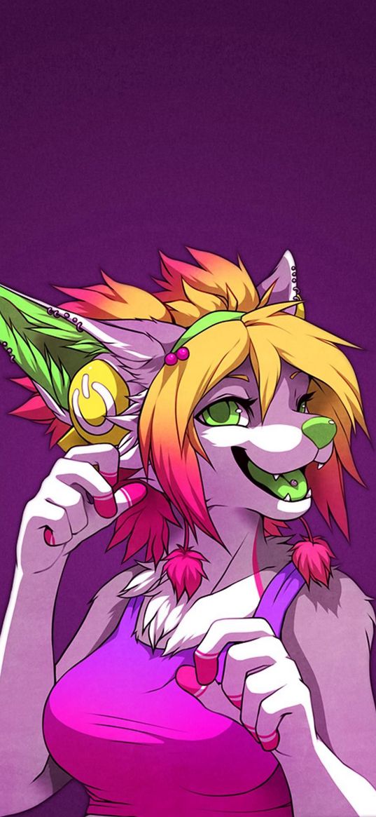 furry, smile, ears, colorful, purple background, art