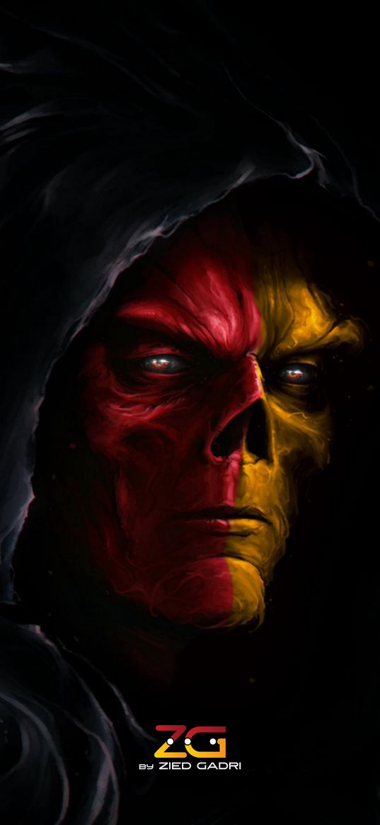 red skull, villain, marvel, comics, red, yellow, art