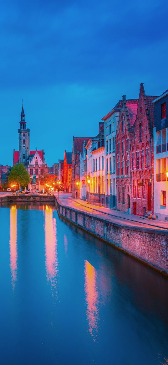 city, evening, belgium, bruges, canals, water