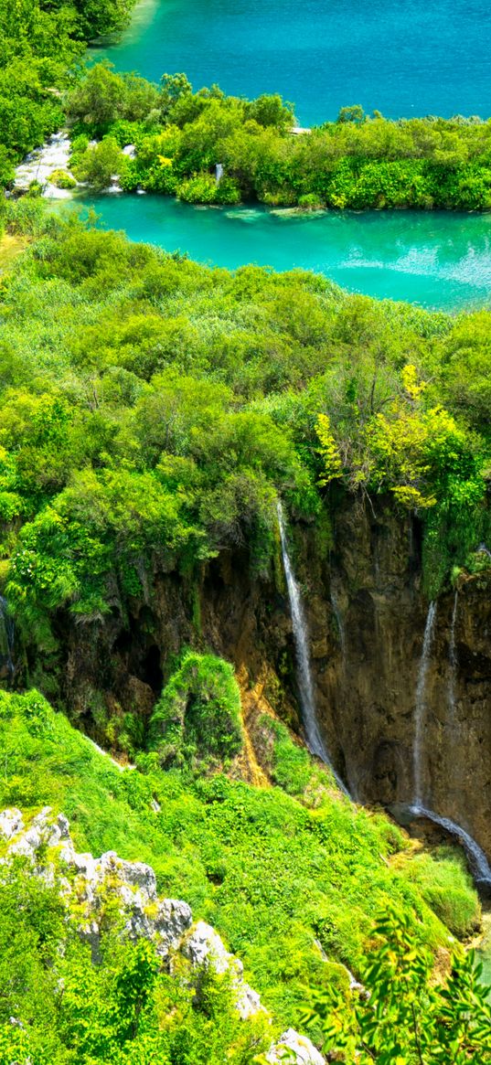 nature, cliff, waterfall, trees, lake