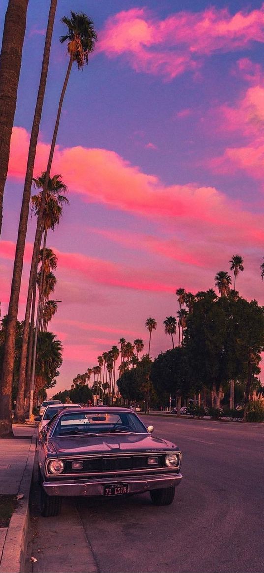 car, sunset, vintage, pink sky