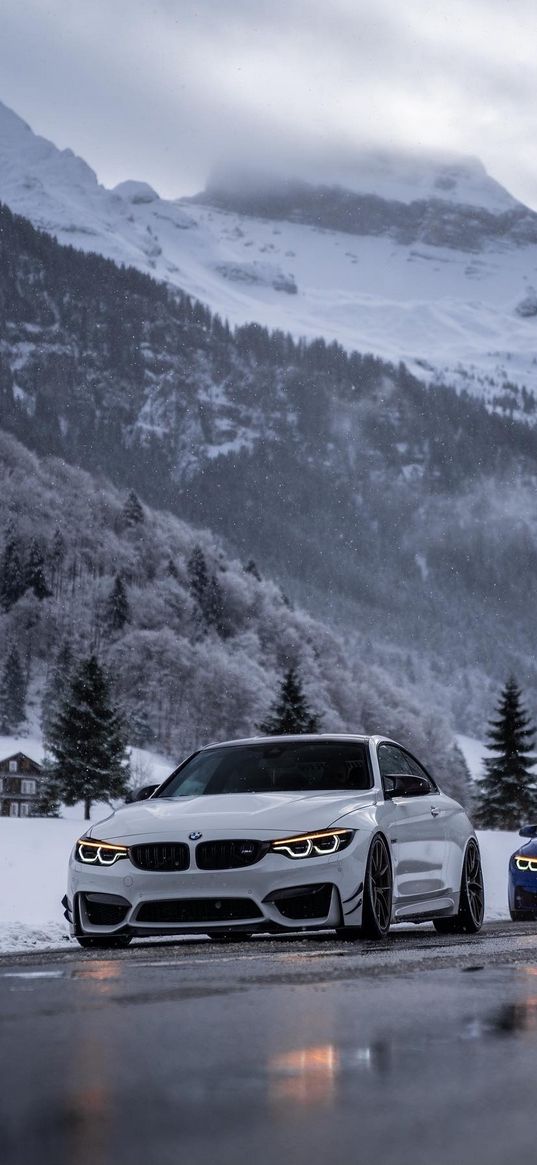 bmw, car, white, sports car, winter