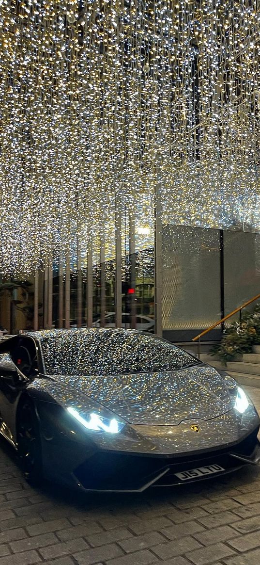 lamborghini, car, christmas lights, night