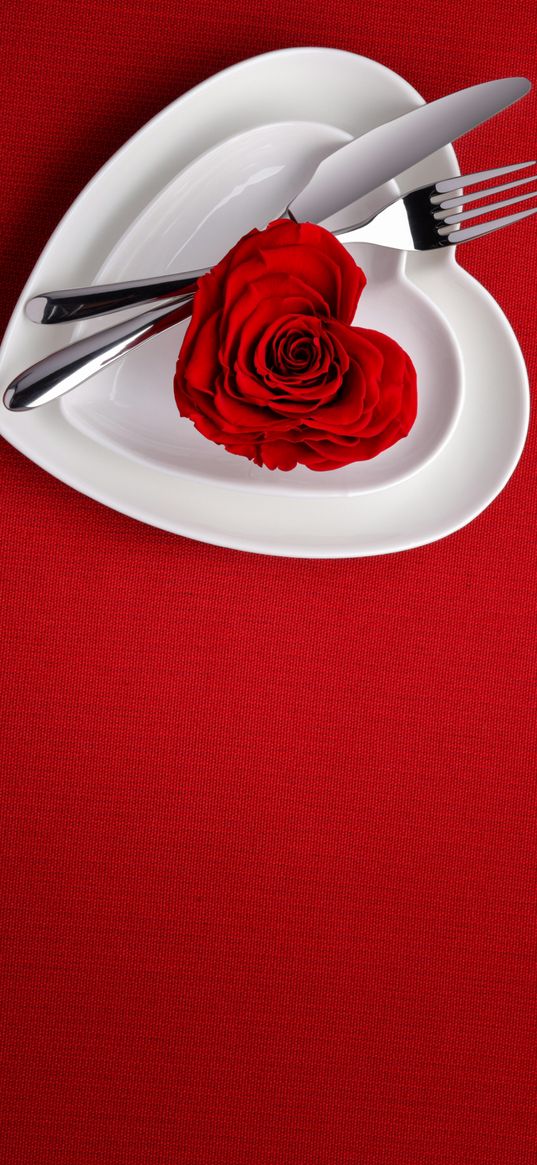 tableware, plate, fork, knife, rose, red