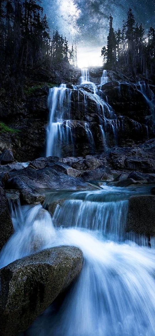 waterfall, stones, tree, stars