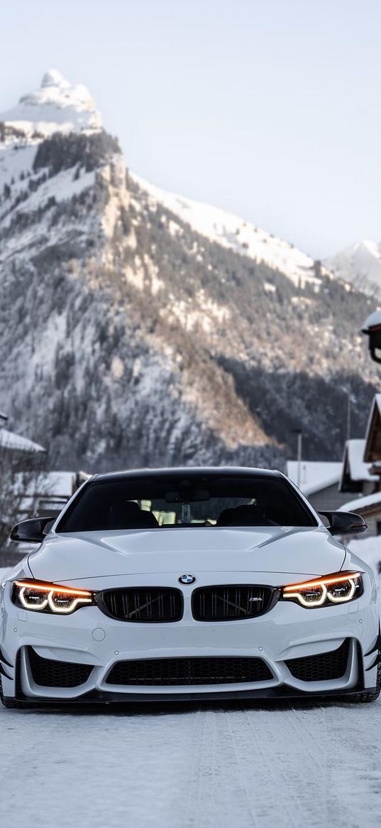 bmw m4, bmw, car, white, front view, winter