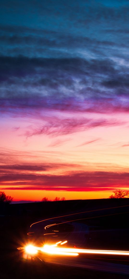 sunset, road, light, headlights, pink sky, yellow sky, sunset sky