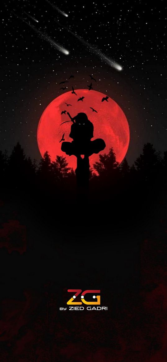 naruto, sasuke, itachi, uchiha, sharingan, anime, red eyes, moon, birds, stars