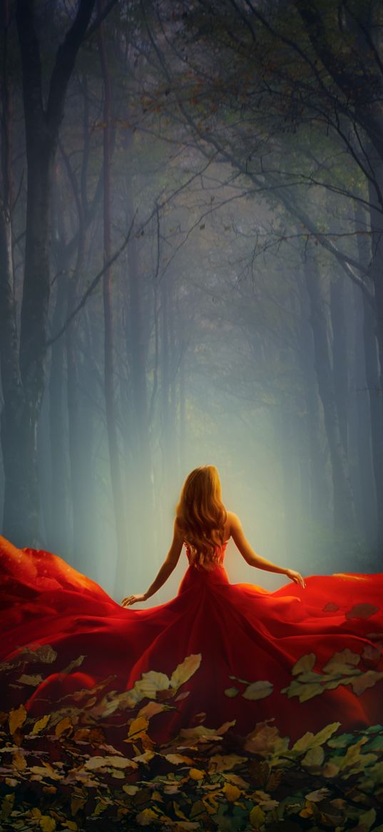 girl, forest, fog, red dress, leaves, autumn