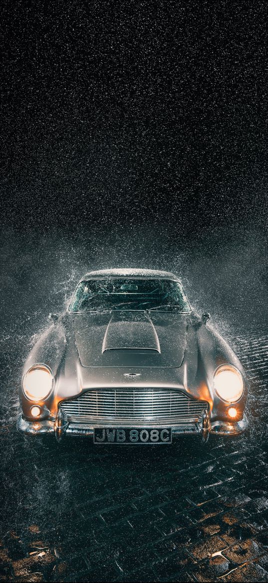 bentley, auto, silver auto, vintage, retro, rain, headlights, light