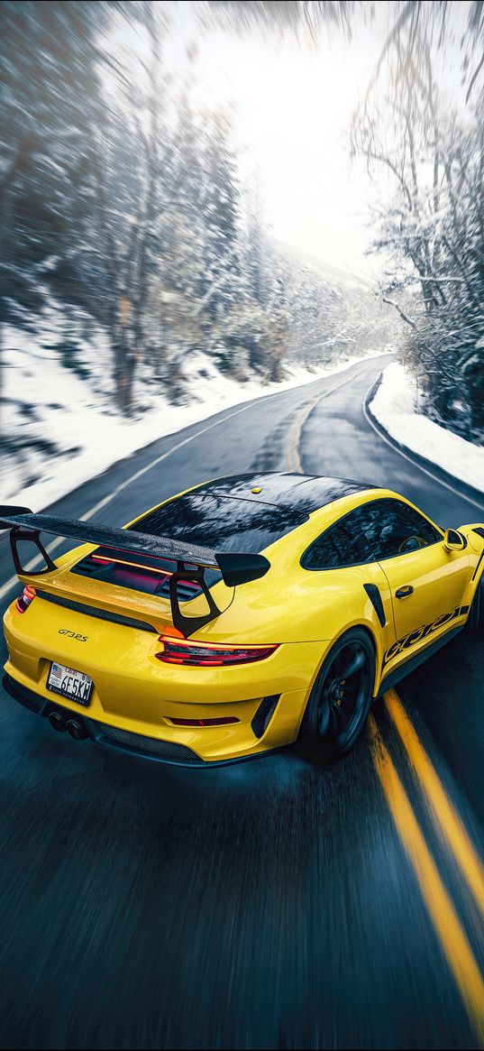 porsche, porsche 911, auto, yellow auto, road, winter, snow, motion, speed