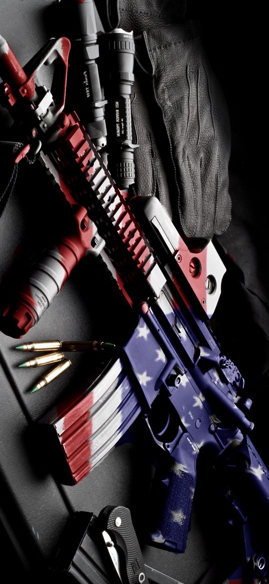 weapon, machine gun, bullets, flag, american flag