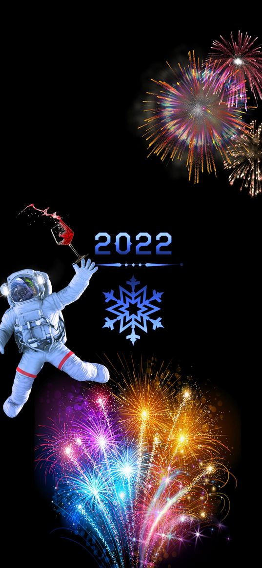 new year, postcard, fireworks, astronaut, winter, snowflake