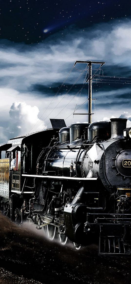 steam locomotive, train, night, clouds