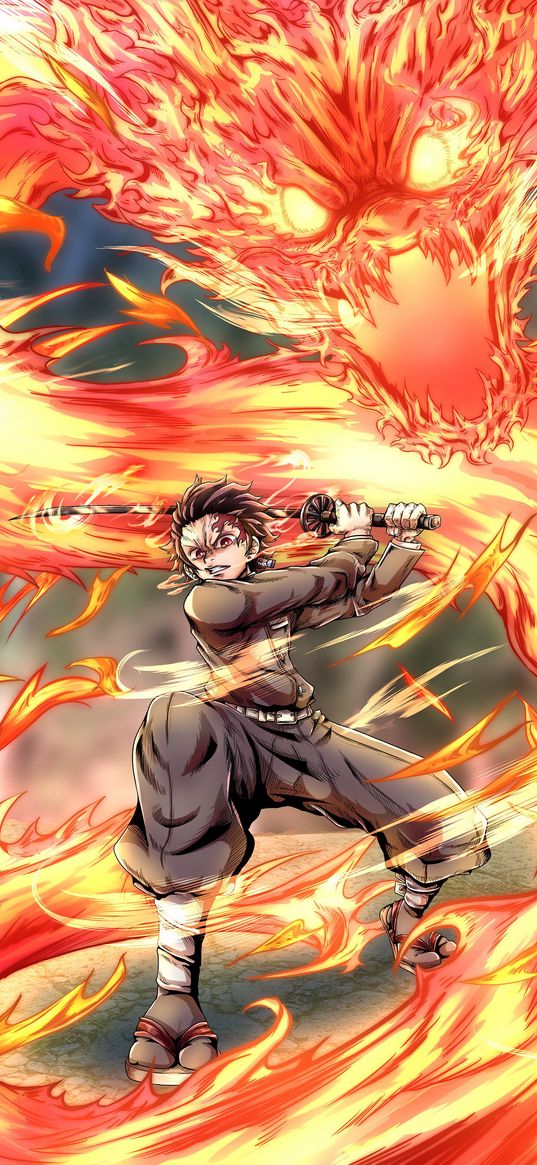 tanjiro, demon slayer, naruto, phoenix, anime, dragon, fire, sword, flame, character