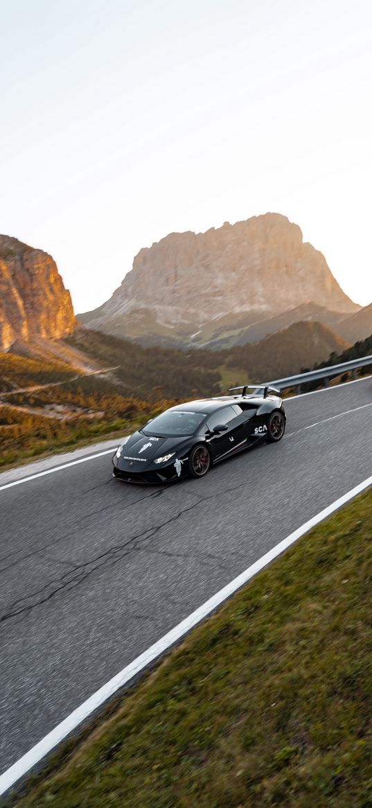 lamborghini huracan, car, mountains, serpentine, travel