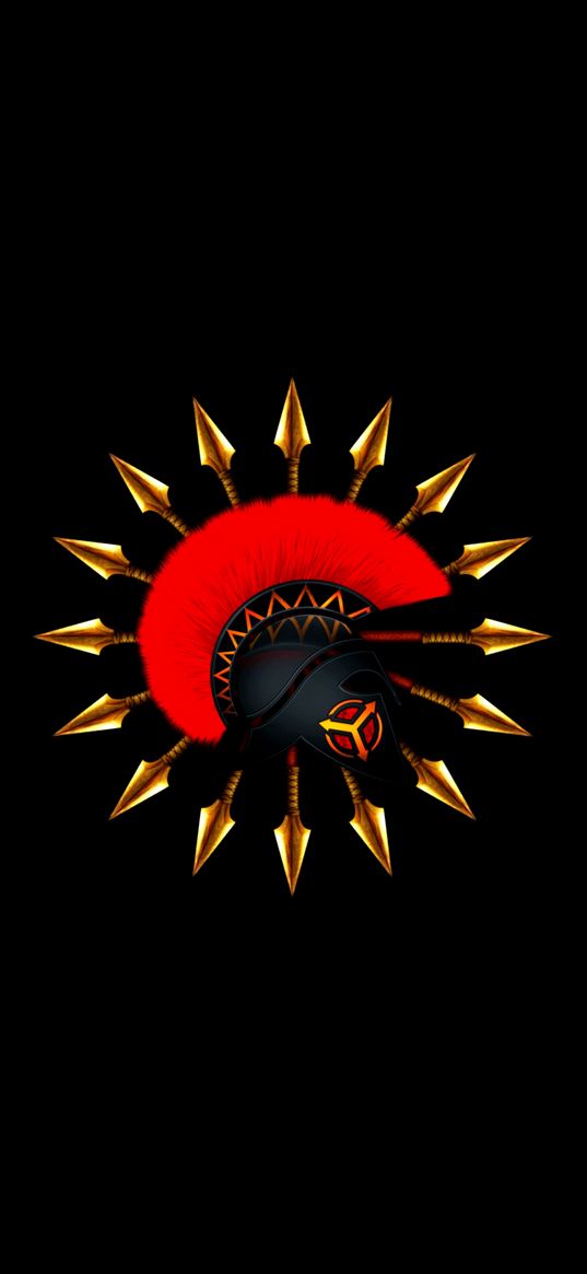 warrior, helmet, spear, red, gold, black, digital art