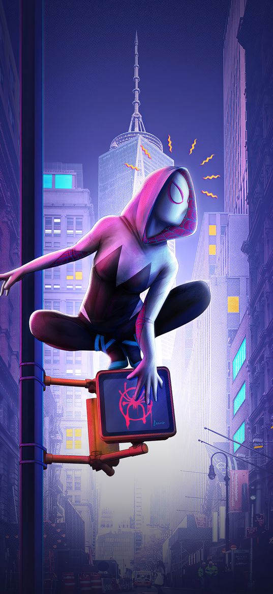 gwen stacy, gwen, spiderman, spiderverse, cartoon, marvel, comics, film, movie, girl, city, art