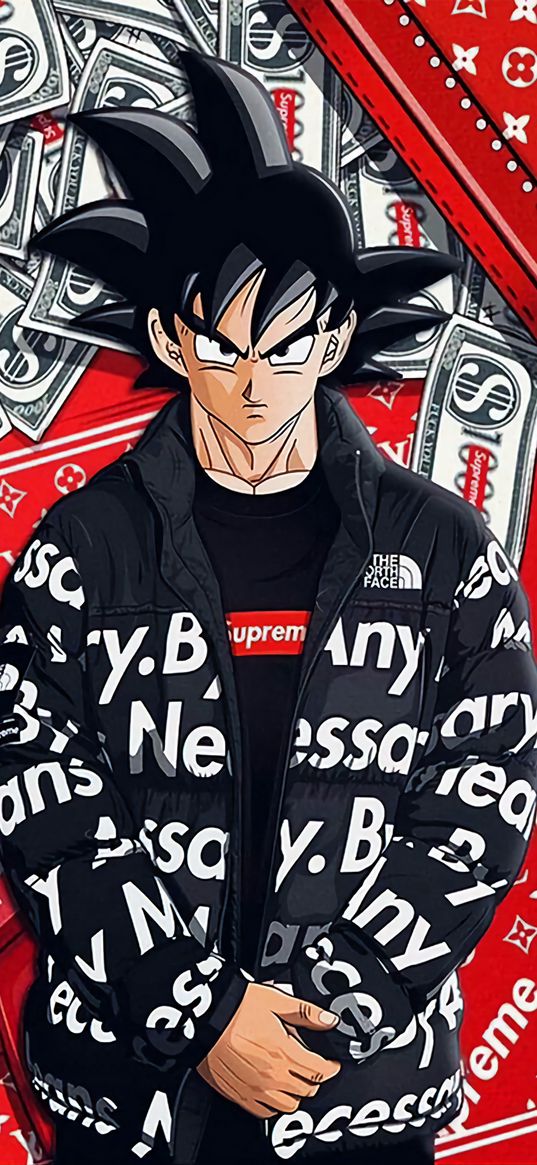 dragon ball, son goku, supreme, louis vuitton, brand, anime, art