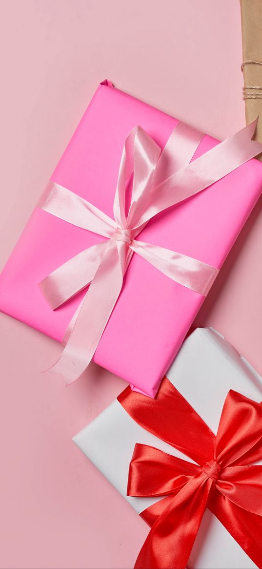 gifts, boxes, ribbons, pink, holiday