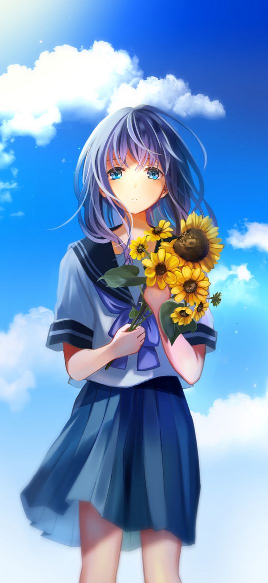 girl, sunflowers, sailor suit, anime, art