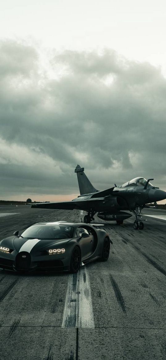 bugatti veyron, bugatti, car, clouds, plane, grey, road