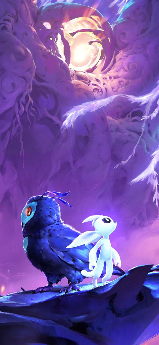 ori and the will of the wisps, game, owl, rabbit, cave, purple, blue, white, art