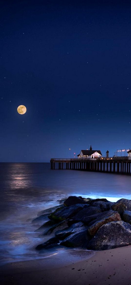 moon, moonlight, dock, sea, night, art