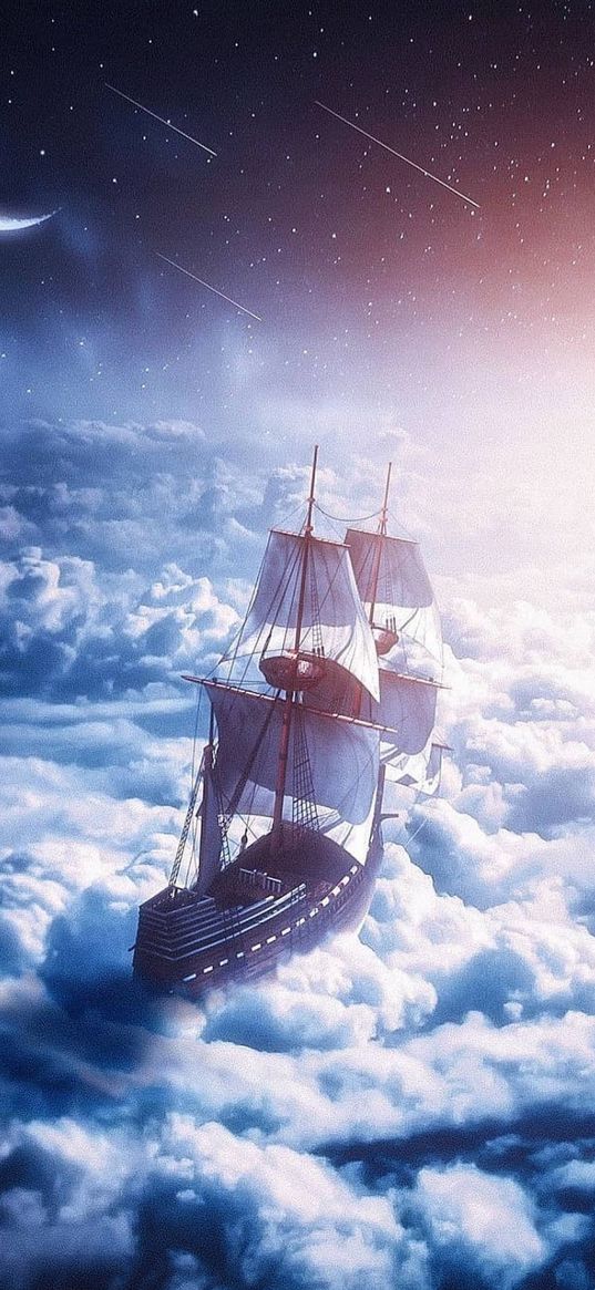 ship in the clouds, sky, moon, stars, meteors